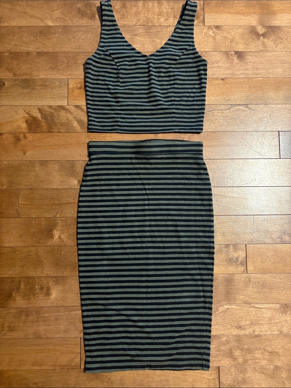 Cotton Smart Set Black and Olive Green Striped Pencil Skirt Y2K